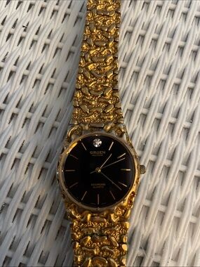 Gruen Gold-Tone Diamond Accent Quartz Watch - Black Dial